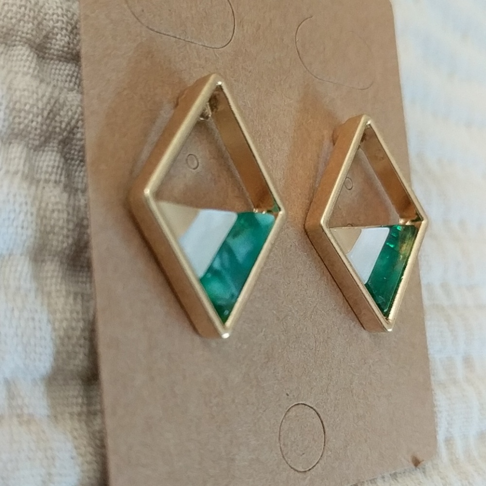 18K Gold Plated Stone Earrings Green Triangle - Picture 6 of 8